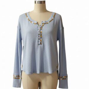 Free People Baby Blue Embroidered Henley Waffle Knit Long Sleeve Top Medium